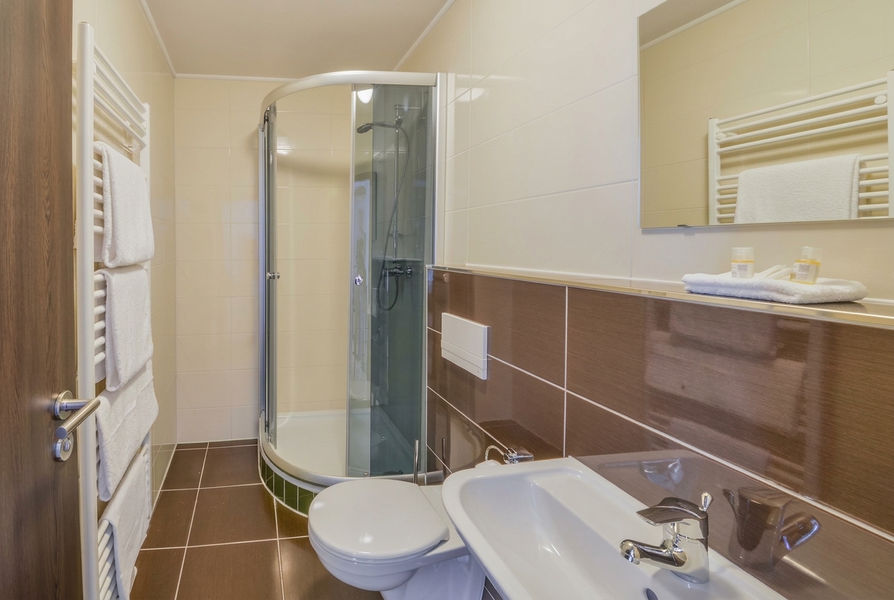 Modernes Badezimmer mit Dusche, großem Spiegel und Waschtisch